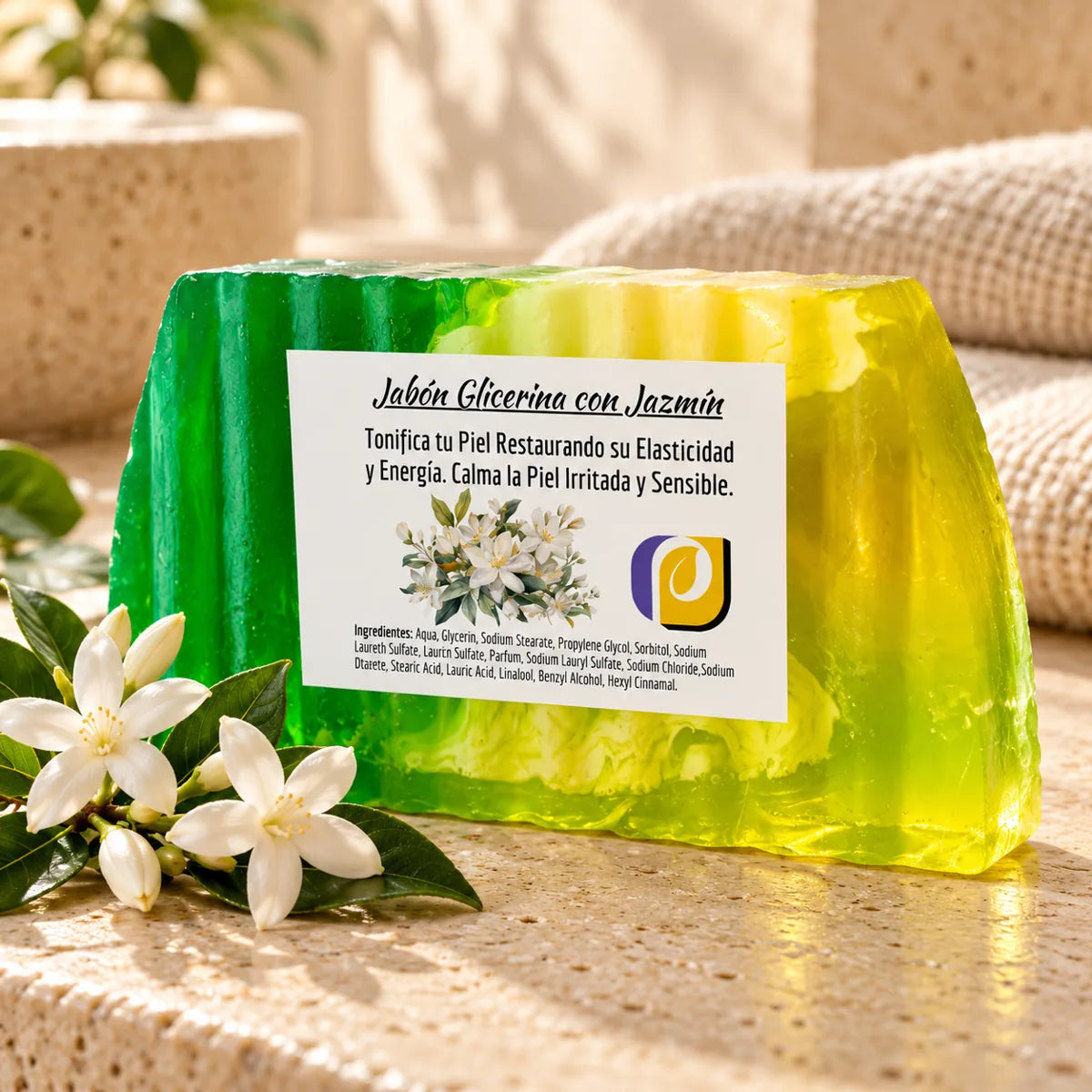 Jabón de glicerina vegetal con jazmín con etiqueta y flores de jazmín
