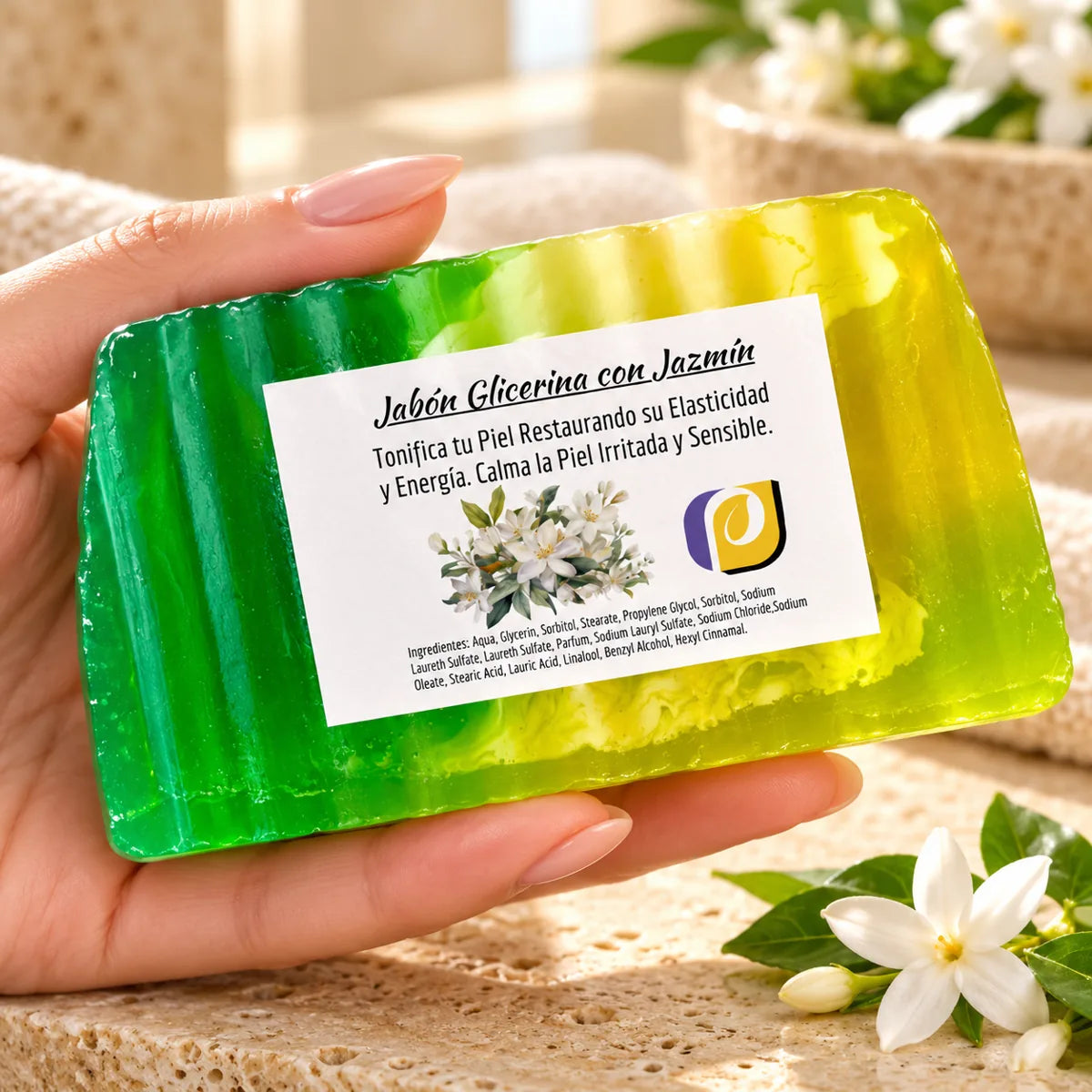 Jabón de glicerina con jazmín sostenido en una mano con manicura