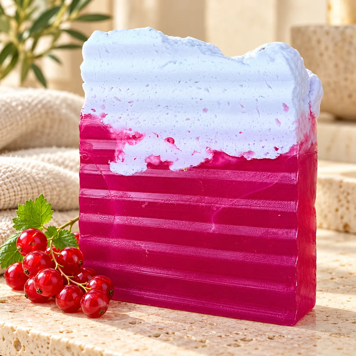 Pastilla completa de jabón de grosella sin etiqueta, base magenta y capa batida blanca