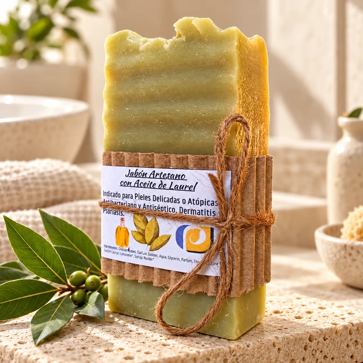 Jabón artesanal de aceite de laurel con envoltorio de papel kraft