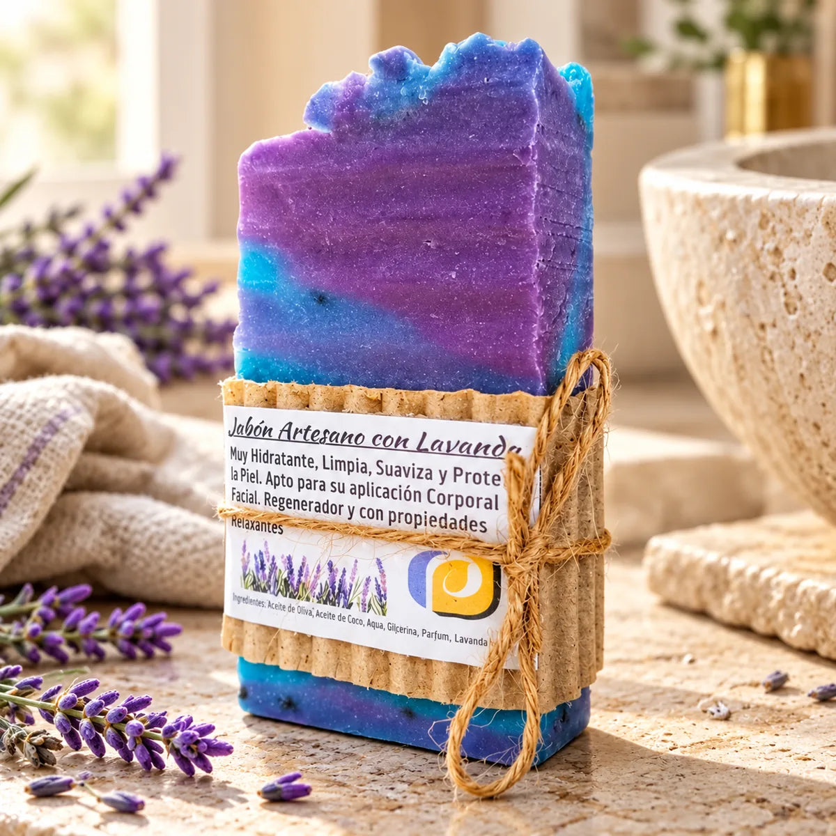 Jabón artesanal de lavanda con envoltorio de papel kraft