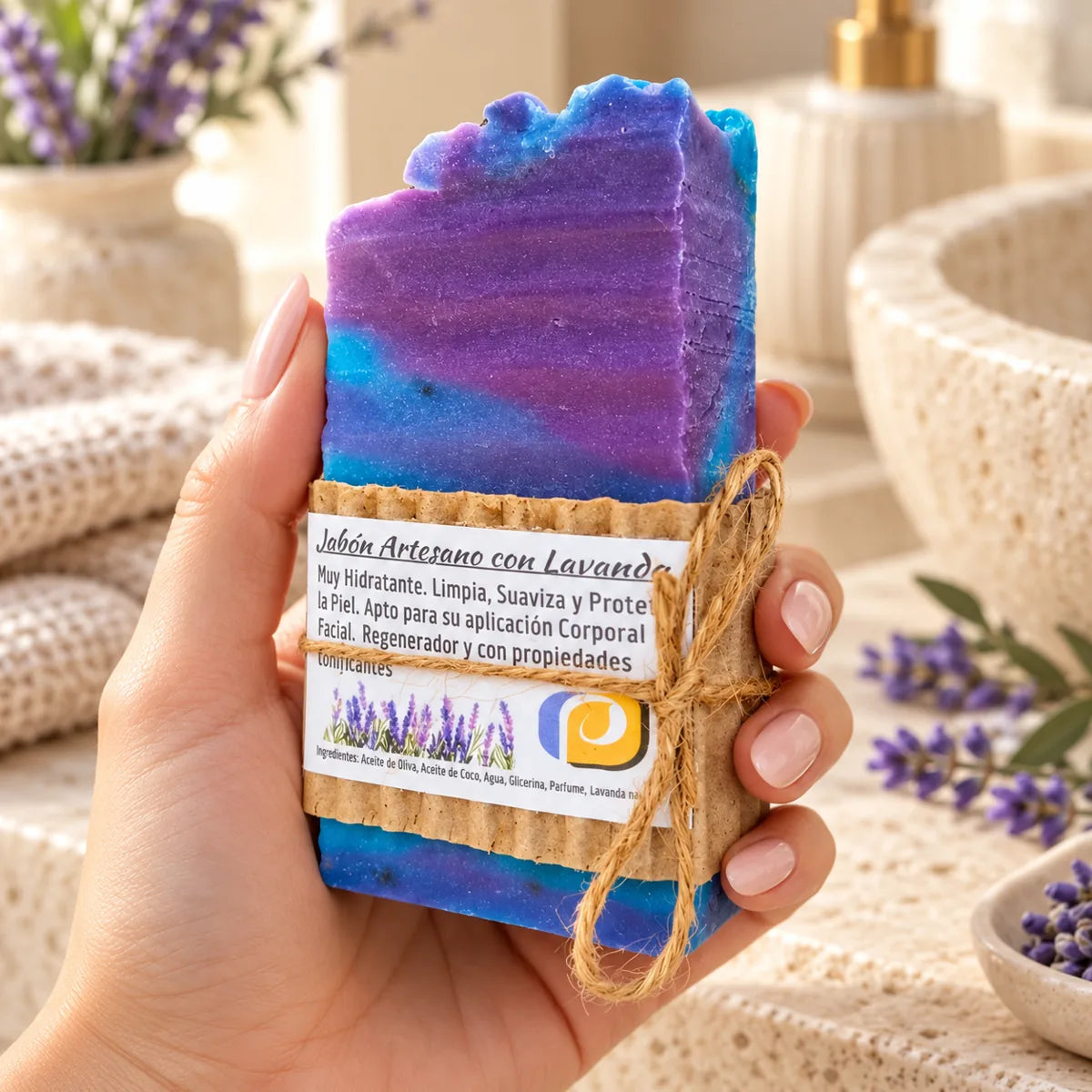 Jabón artesanal de lavanda sostenido en una mano