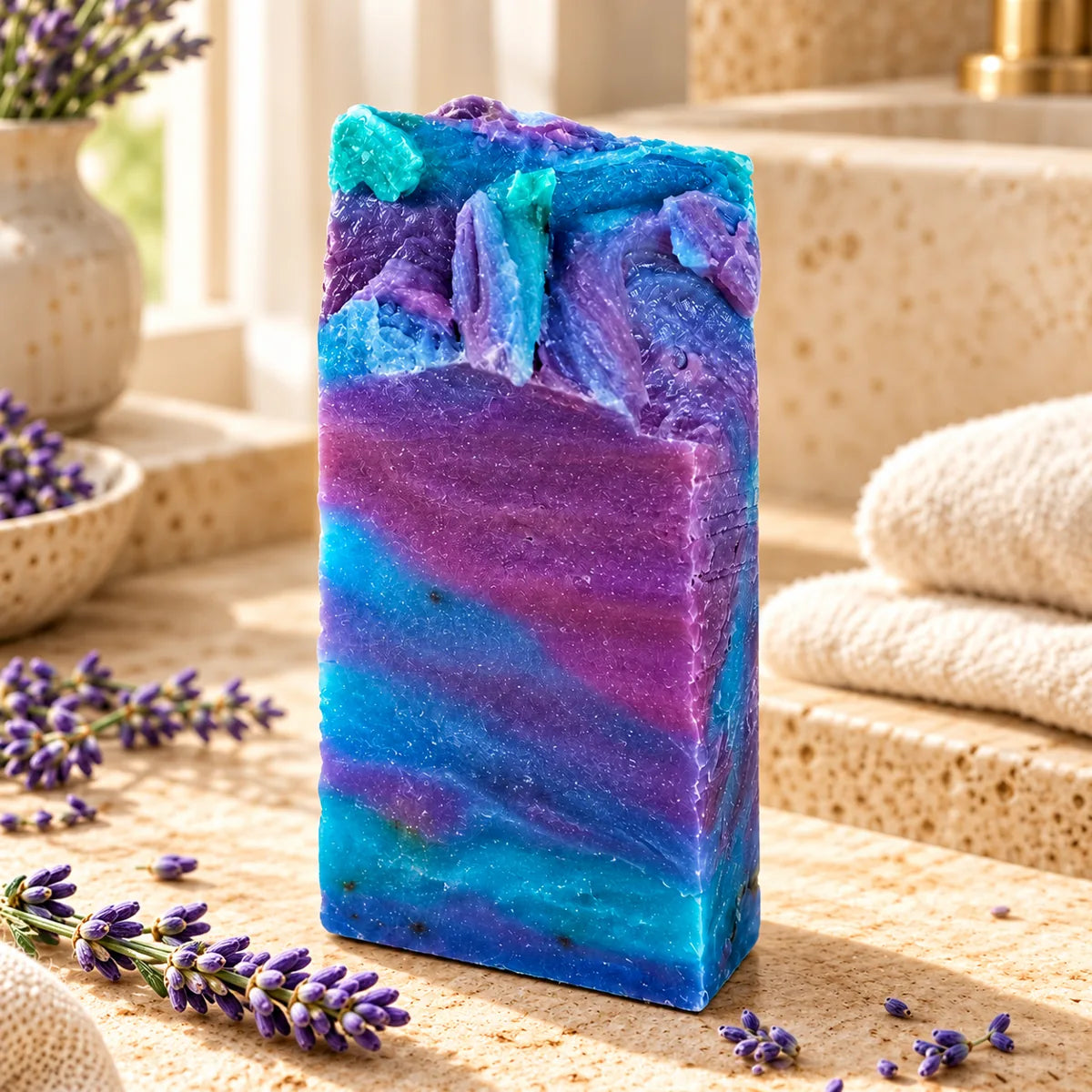 Pastilla completa de jabón de lavanda sin envoltorio, textura violeta y turquesa