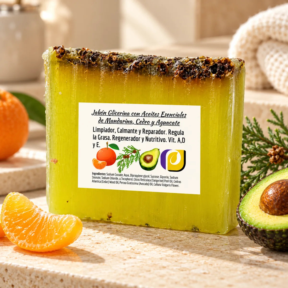 Jabón de glicerina de mandarina, cedro y aguacate con etiqueta