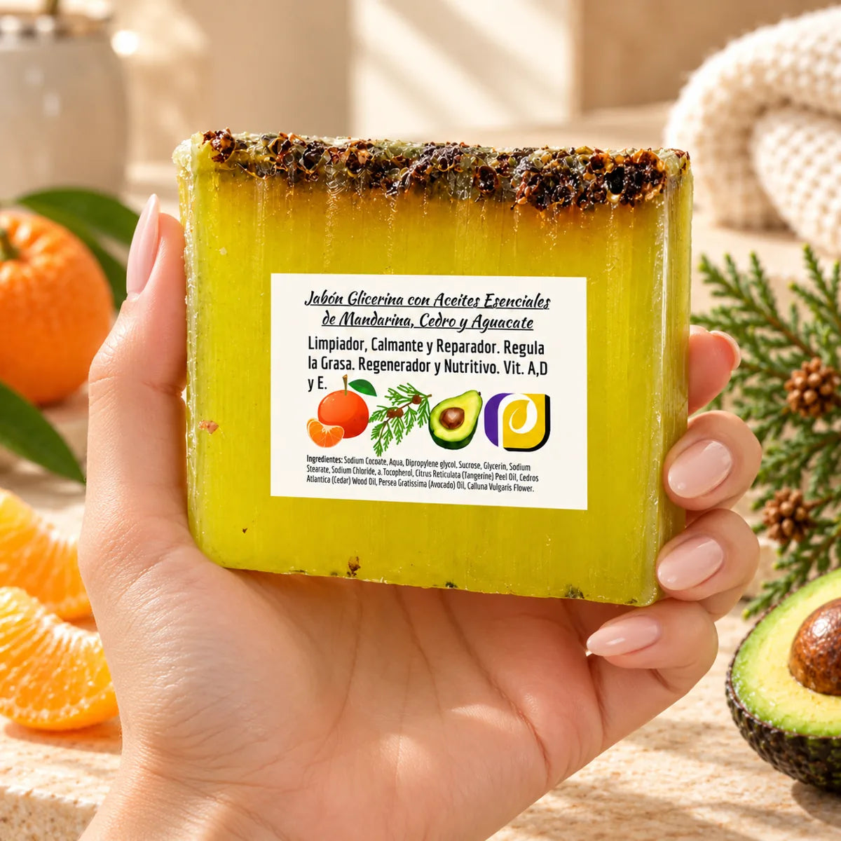 Jabón de glicerina de mandarina, cedro y aguacate sostenido en una mano