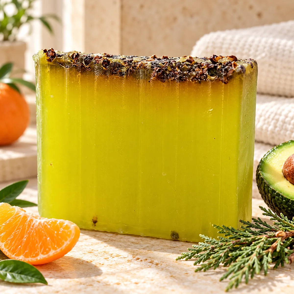 Pastilla completa de glicerina de mandarina, cedro y aguacate sin etiqueta