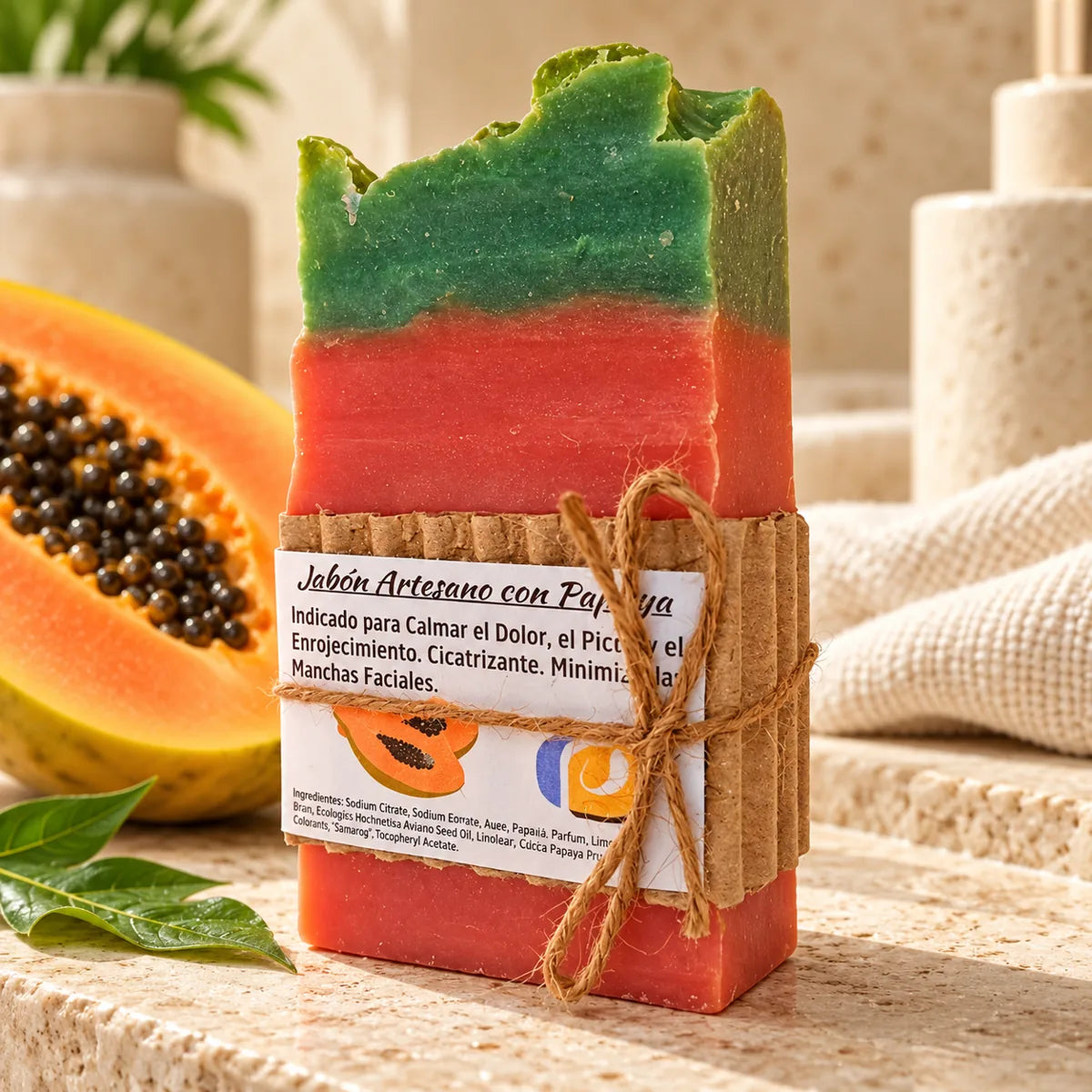 Jabón artesanal de papaya con envoltorio junto a papaya fresca