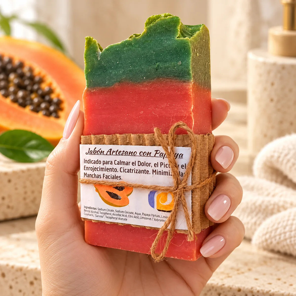 Jabón artesanal de papaya sostenido en una mano con manicura