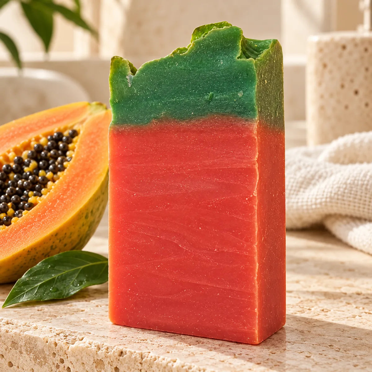 Pastilla completa de jabón artesanal de papaya sin etiqueta ni envoltorio