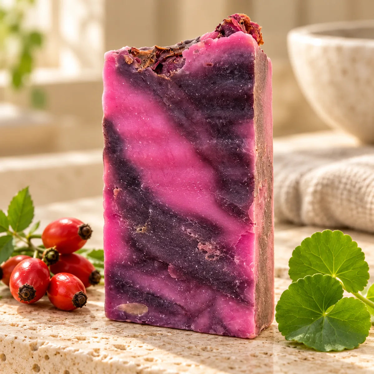 Pastilla completa de jabón de rosa mosqueta y centella sin envoltorio, vetas rosas y violetas