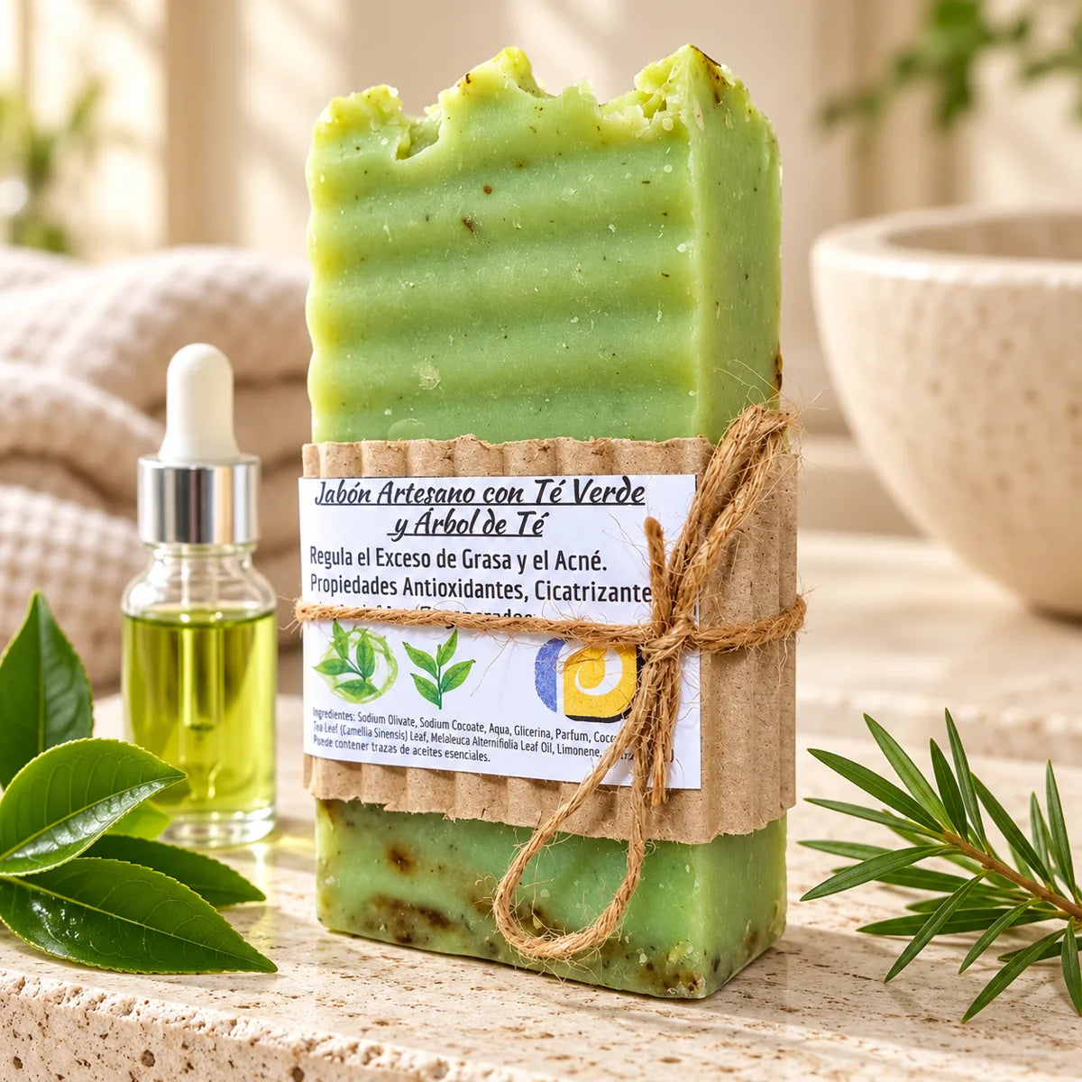 Jabón artesanal de té verde y árbol de té con envoltorio
