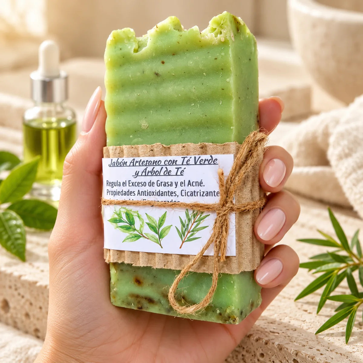 Jabón artesanal de té verde y árbol de té sostenido en una mano con manicura