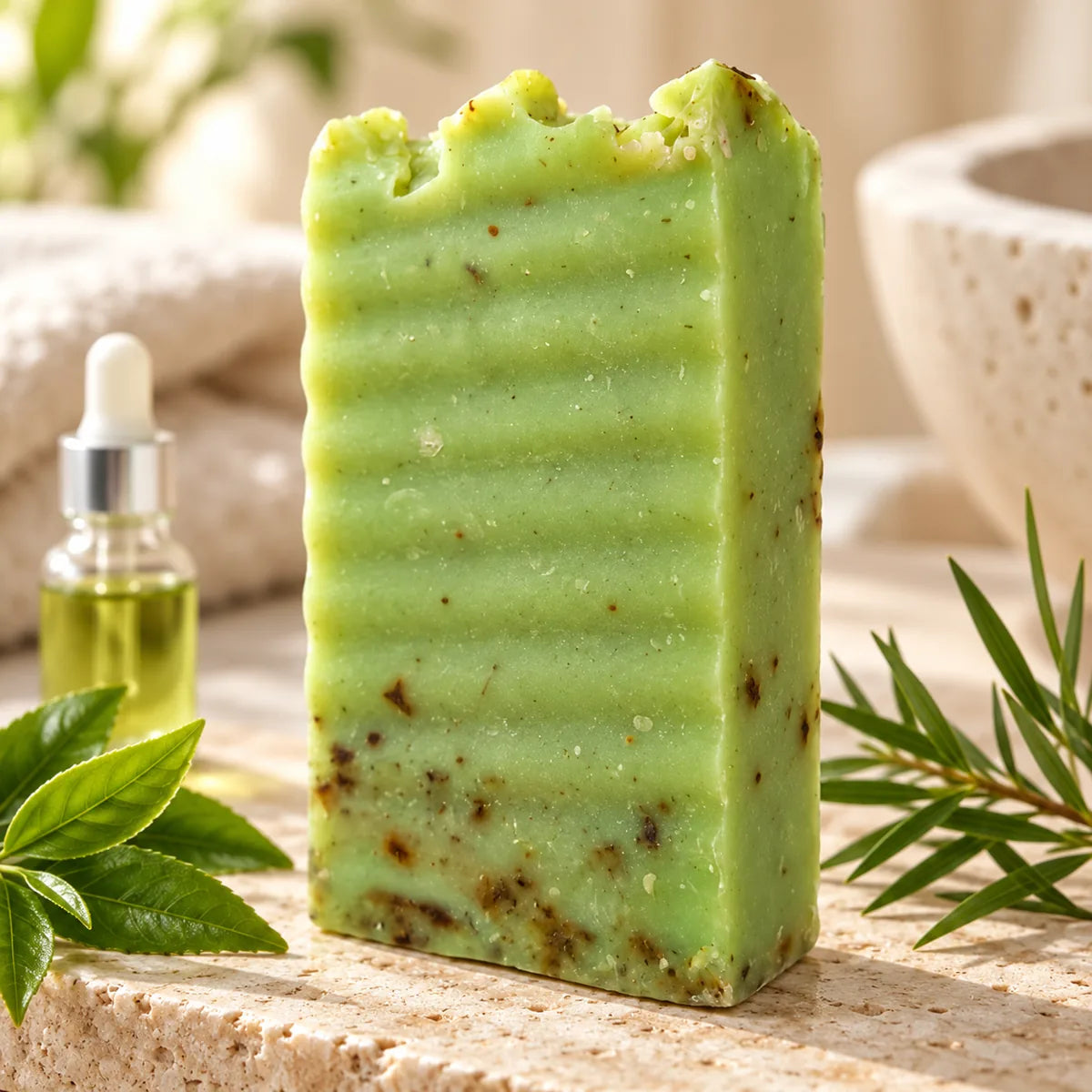 Pastilla completa de jabón de té verde y árbol de té sin etiqueta ni envoltorio