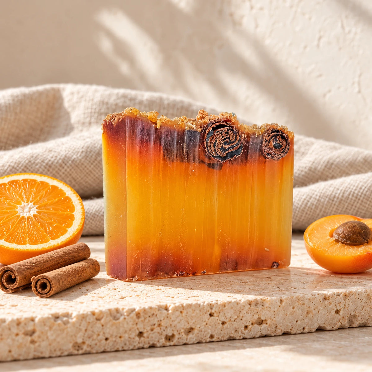 Jabón de naranja, canela y albaricoque sin etiqueta junto a sus ingredientes