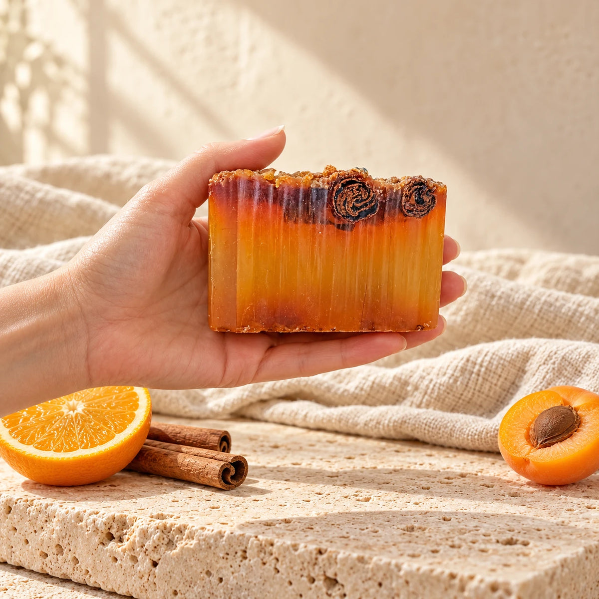 Jabón de naranja, canela y albaricoque en una mano con encuadre amplio