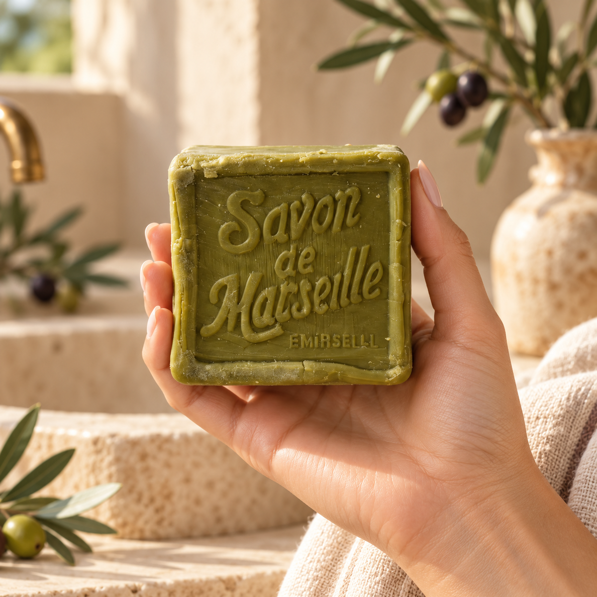 Jabón de Marsella con aceite de oliva sostenido en una mano