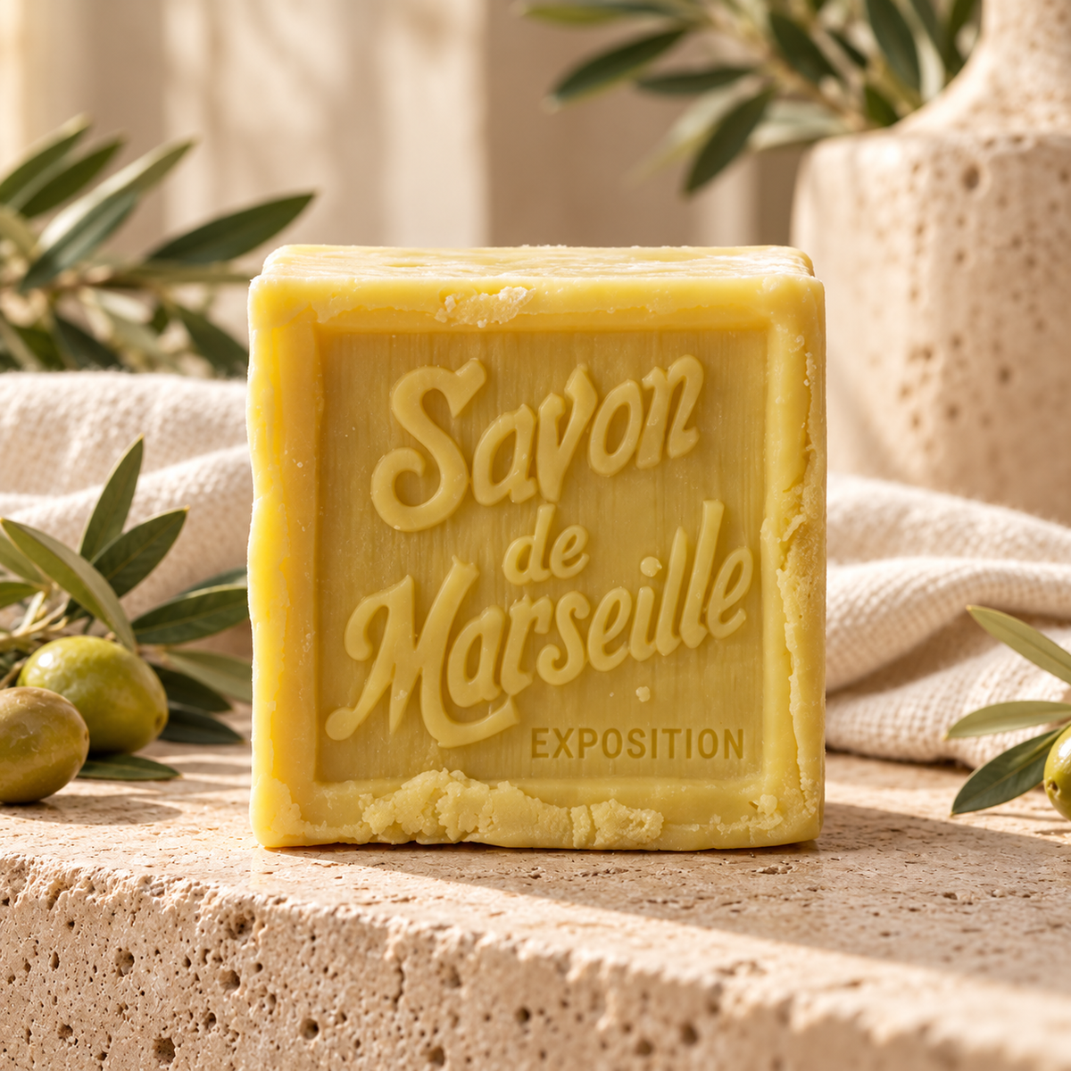 Jabón de Marsella tradicional de gran formato con ramas de olivo, estilo Nivara