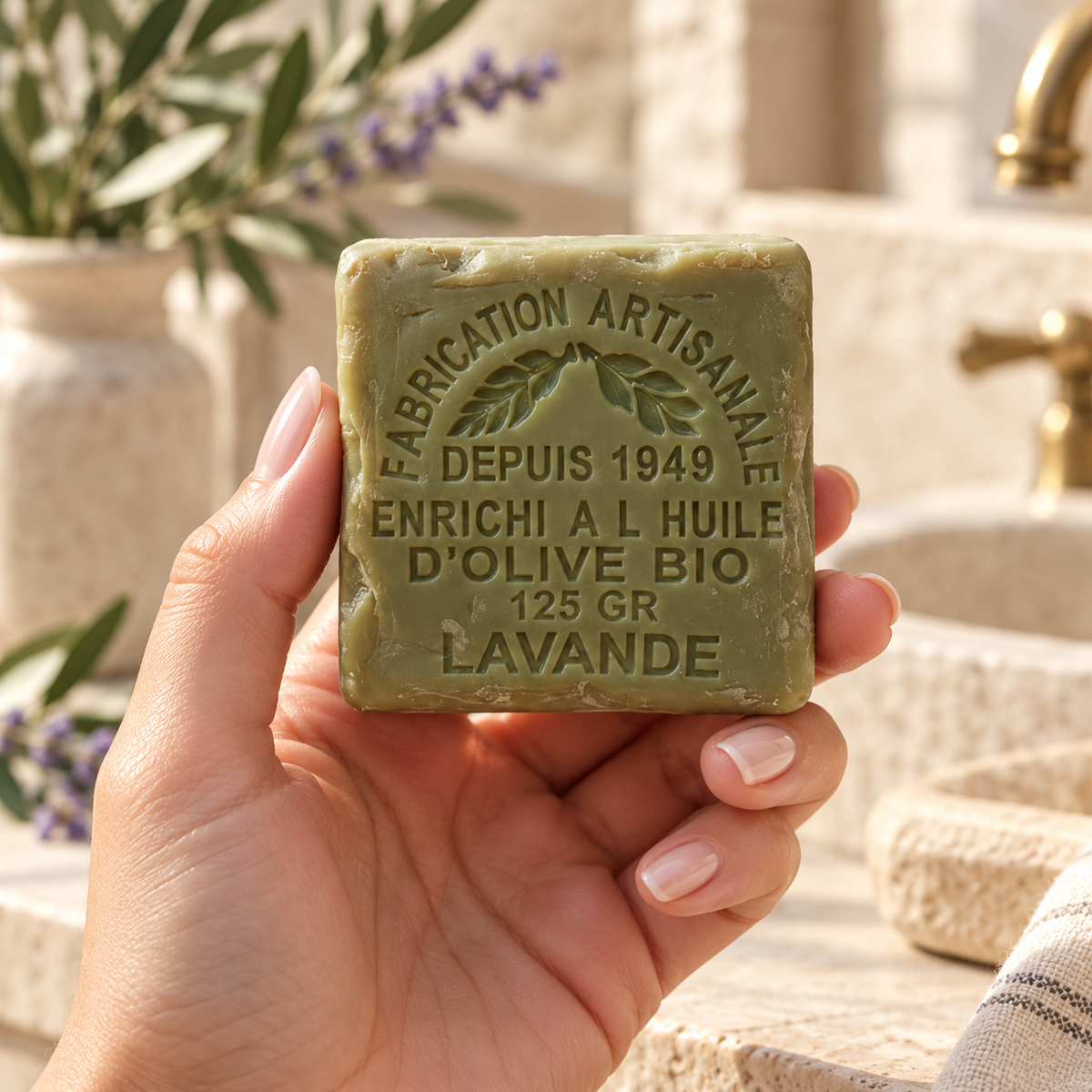 Jabón de oliva biológica y lavanda sostenido en una mano