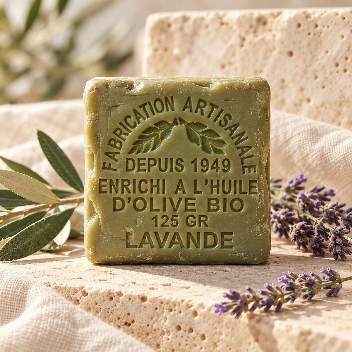 Jabón de oliva biológica y lavanda, fotografía principal estilo Nivara