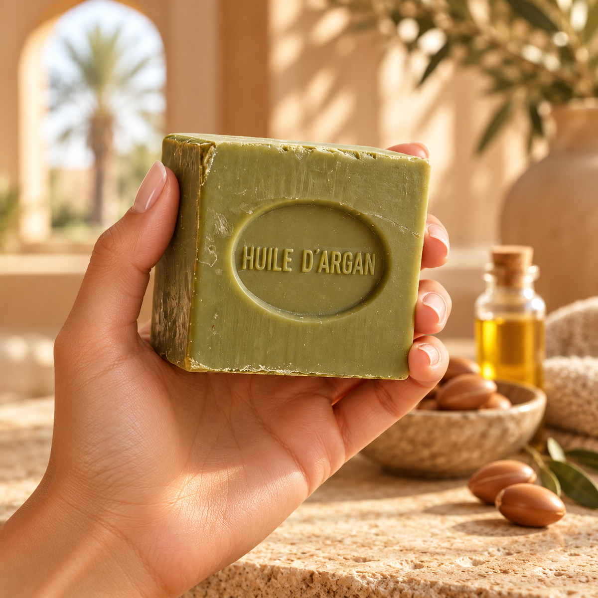 Jabón vegetal de argán SOULBEAUTY sostenido en una mano