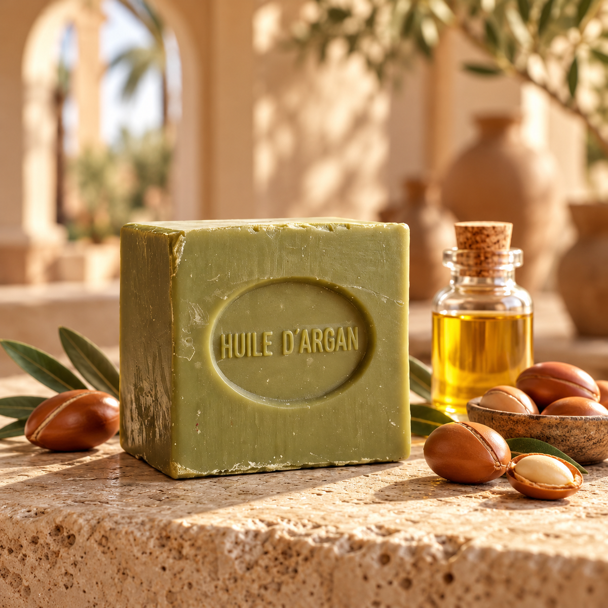 Jabón vegetal de argán SOULBEAUTY sobre piedra en una escena cálida
