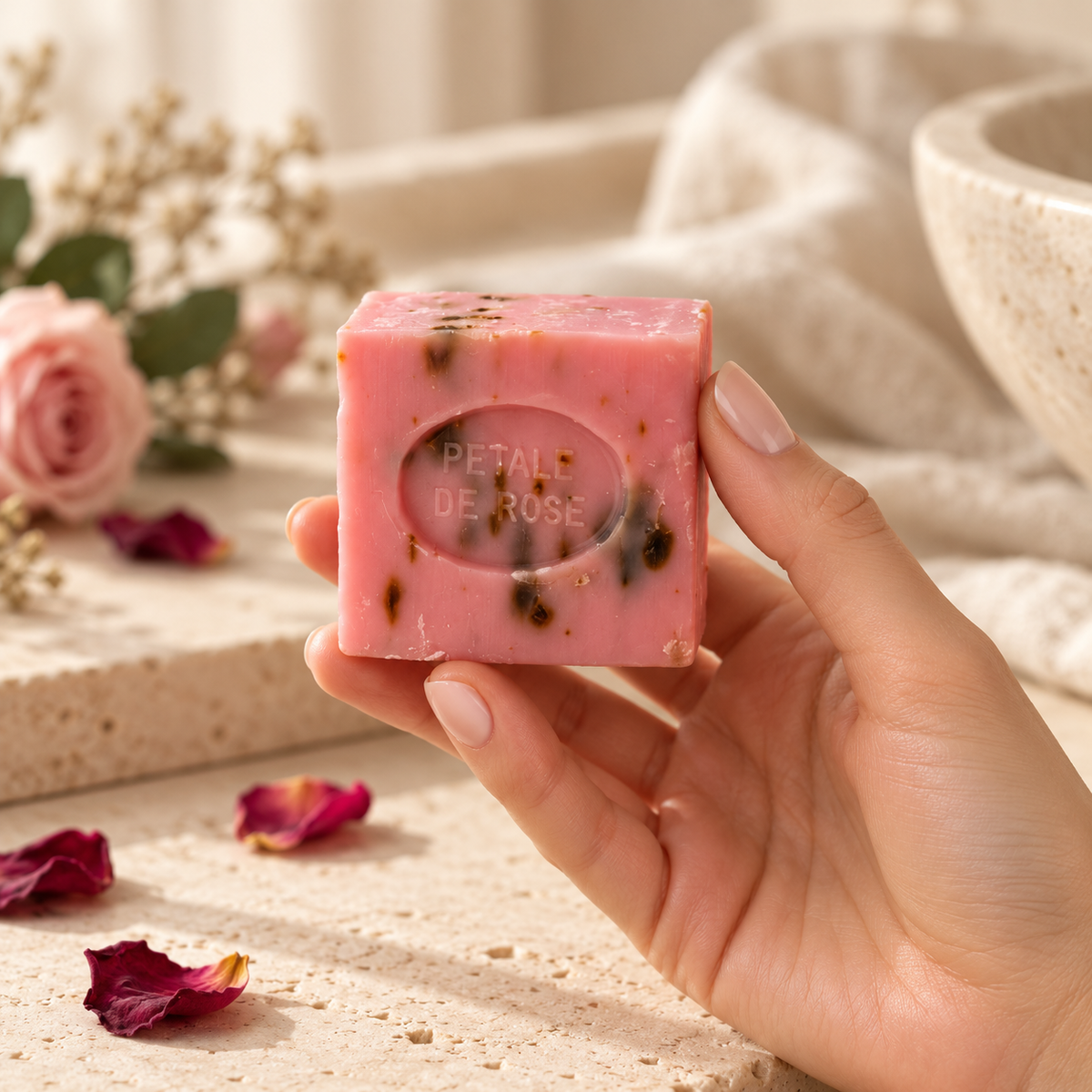 Jabón vegetal Pétalos de Rosa SOULBEAUTY sostenido en una mano