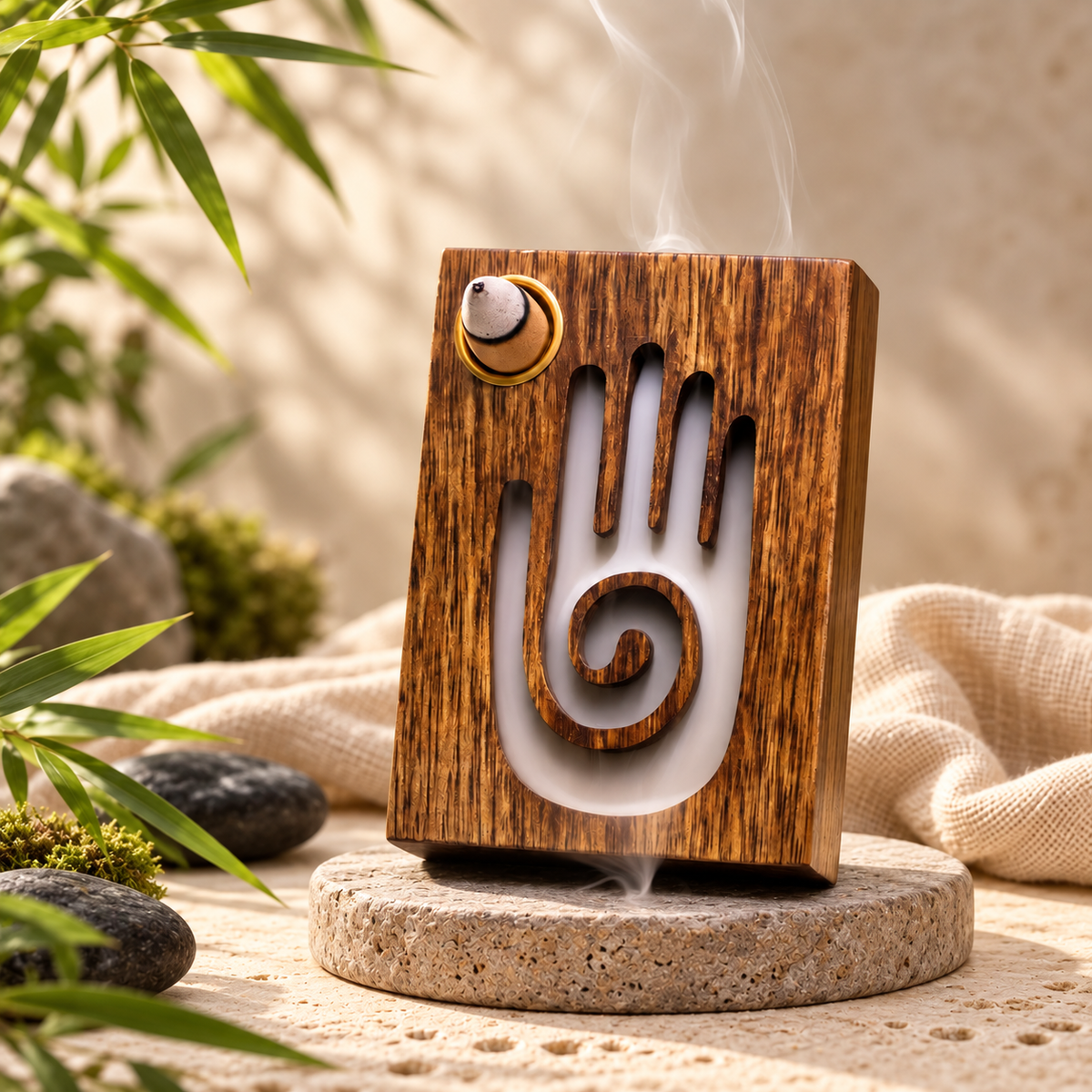 Portaincienso de reflujo Mano Reiki SOULBEAUTY con cono encendido y humo descendente