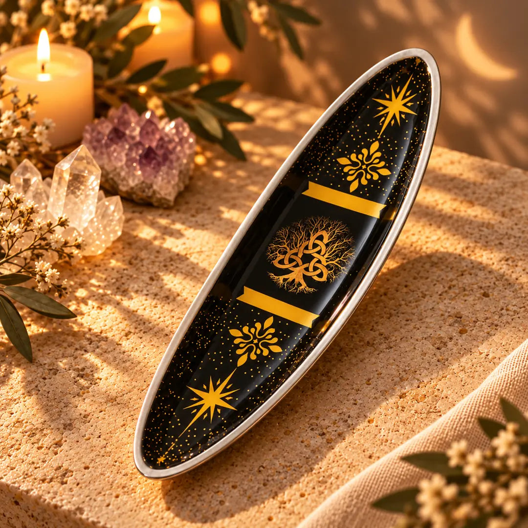 Portaincienso de metal Árbol Triqueta SOULBEAUTY, diseño negro y dorado sin incienso