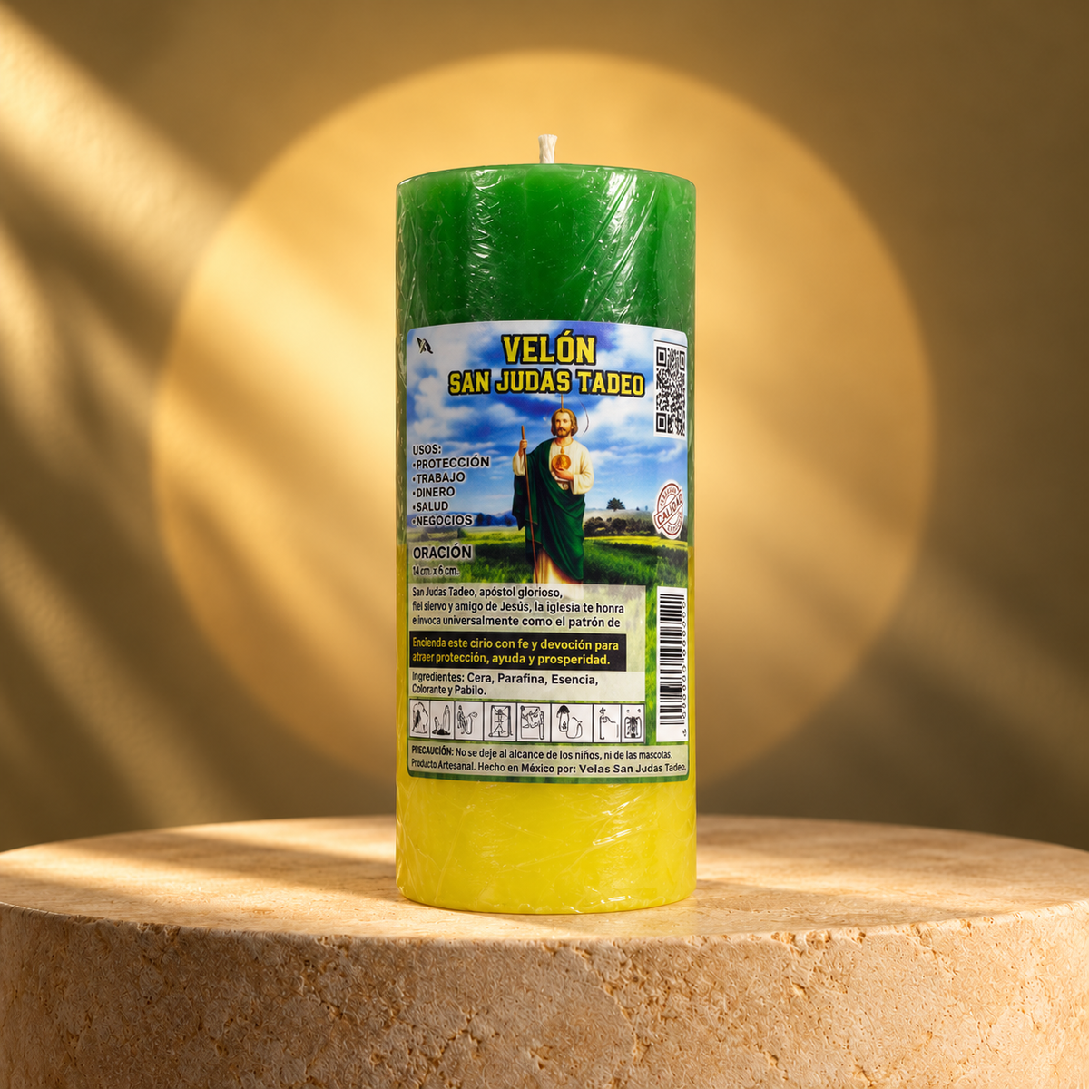 Velón esotérico bicolor verde y amarillo de VA con etiqueta